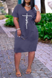 Pink Casual Letter Print Pocket V Neck Short Sleeve Short Sleeve Dress