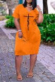 Pink Casual Letter Print Pocket V Neck Short Sleeve Short Sleeve Dress