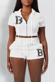 Pink Casual Street Letters Draw String Zipper Embroidery Hooded Short Sleeve Two Pieces
