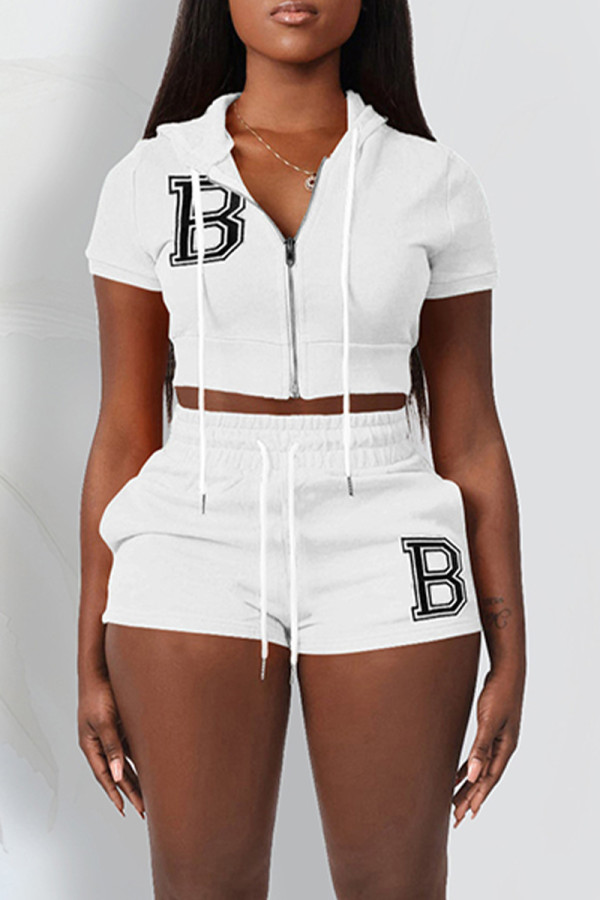 White Casual Street Letters Draw String Zipper Embroidery Hooded Short Sleeve Two Pieces