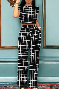 Black Casual Stripe Pocket Patchwork O Neck Short Sleeve Two Pieces