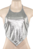 Grey Sexy Solid Color Patchwork Backless Strap Design Halter Tops