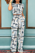 Blue White Casual Print Pocket Patchwork O Neck Short Sleeve Two Pieces