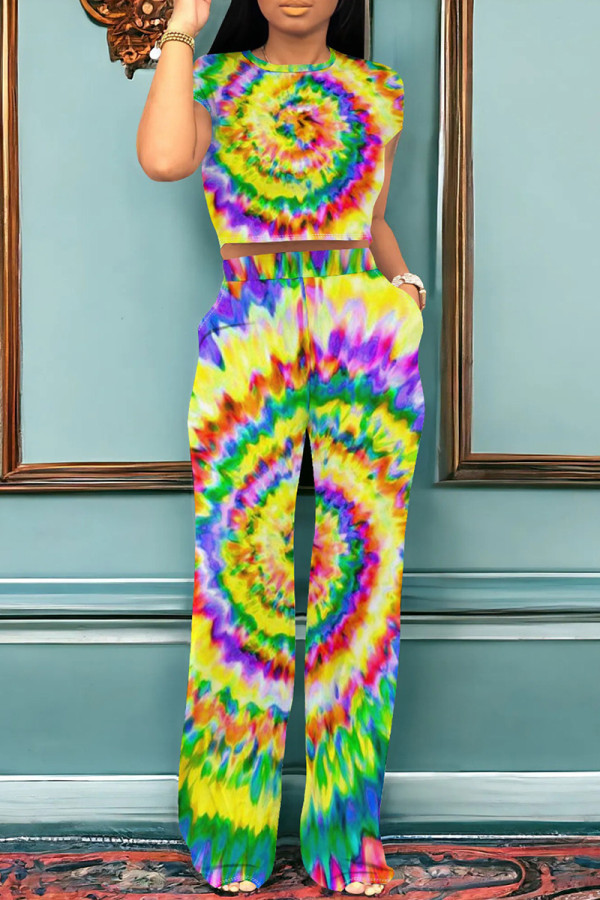 Yellow Casual Tie Dye Pocket Patchwork O Neck Short Sleeve Two Pieces