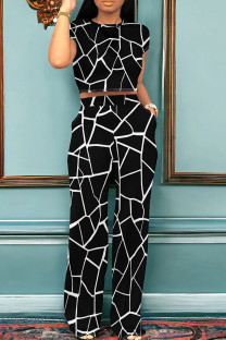 Black White Casual Stripe Pocket Patchwork O Neck Short Sleeve Two Pieces