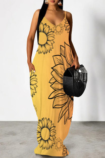 Yellow Sexy Floral Print Pocket Contrast V Neck Printed Dresses