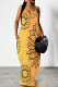 Yellow Sexy Floral Print Pocket Contrast V Neck Printed Dresses