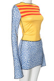 Yellow Sexy Print Patchwork Contrast O Neck Long Sleeve Two Pieces