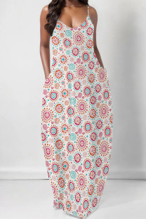 White Sexy Floral Print Pocket V Neck Printed Dresses