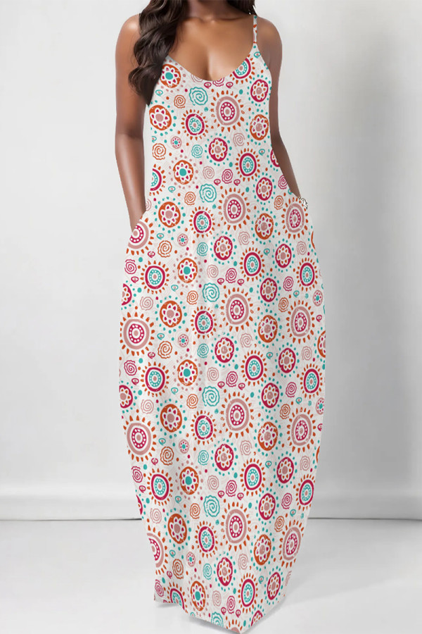 White Sexy Floral Print Pocket V Neck Printed Dresses