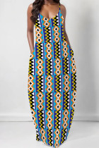 Blue Sexy Geometric Print Pocket Contrast V Neck Printed Dresses