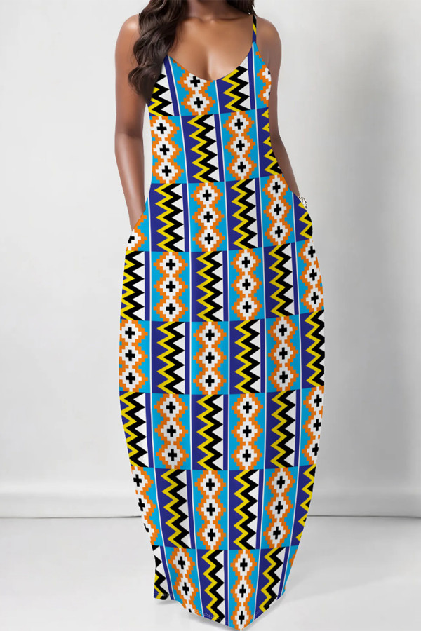 Blue Sexy Geometric Print Pocket Contrast V Neck Printed Dresses