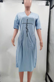 Pink Casual Letter Print Pocket V Neck Short Sleeve Short Sleeve Dress