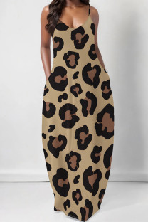 Khaki Casual Leopard Print Pocket U Neck Printed Dresses