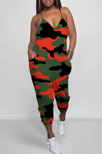 Orange Green Street Camouflage Print Pocket Patchwork Backless Spaghetti Strap Regular Jumpsuits