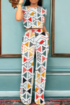 Multicolor Casual Print Pocket Patchwork O Neck Short Sleeve Two Pieces