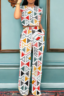 Multicolor Casual Print Pocket Patchwork O Neck Short Sleeve Two Pieces
