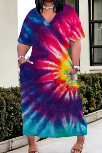 Red Blue Casual Tie Dye Pocket Patchwork V Neck Straight Plus Size Dresses