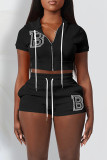 Pink Casual Street Letters Draw String Zipper Embroidery Hooded Short Sleeve Two Pieces
