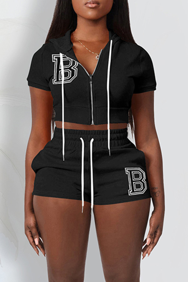 Black Casual Street Letters Draw String Zipper Embroidery Hooded Short Sleeve Two Pieces