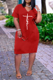 Pink Casual Letter Print Pocket V Neck Short Sleeve Short Sleeve Dress