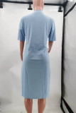 Pink Casual Letter Print Pocket V Neck Short Sleeve Short Sleeve Dress