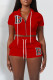 Red Casual Street Letters Draw String Zipper Embroidery Hooded Short Sleeve Two Pieces