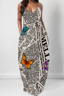 Light Beige Gray Sexy Butterfly Print Letter Print U Neck Printed Dresses