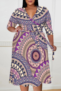 Powdery Violet Elegant Geometric Print Lace Up Contrast V Neck Printed Plus Size Dresses