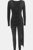Black Casual Solid Color Patchwork Ruched V Neck Skinny Jumpsuits