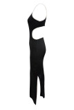 Black Elegant Hollow Out Patchwork High Slit Contrast O Neck Long Dresses