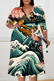 Powdery Violet Elegant Geometric Print Lace Up Contrast V Neck Printed Plus Size Dresses