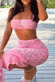 Pink Sexy Solid Color Lace Patchwork See-Through Backless Strapless Sleeveless Two Pieces