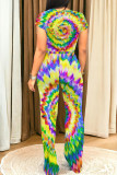 Multicolor Casual Tie Dye Pocket Patchwork O Neck Short Sleeve Two Pieces