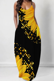 Yellow Elegant Print Pocket Patchwork Spaghetti Strap Sling Dresses