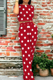 Red Casual Polka Dot Pocket Patchwork O Neck Short Sleeve Two Pieces