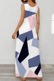 Black And White Casual Print Pocket Patchwork U Neck Long Dresses