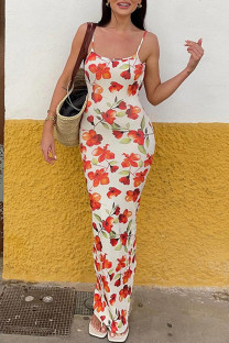Orange Sexy Print Patchwork Backless Spaghetti Strap Sling Dresses