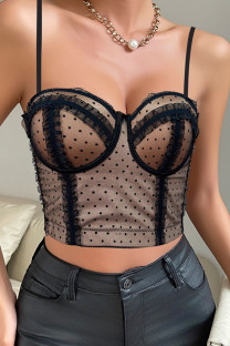 Black Sexy Polka Dot Lace Patchwork Backless Spaghetti Strap Tops