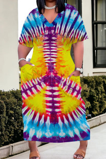 Yellow And Blue Casual Tie Dye Pocket Patchwork V Neck Straight Plus Size Dresses