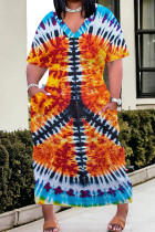 Orange Blue Casual Tie Dye Pocket Patchwork V Neck Straight Plus Size Dresses