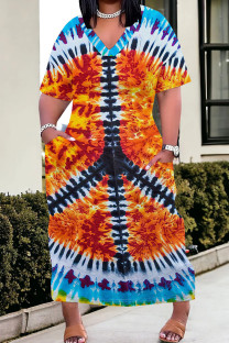 Orange Blue Casual Tie Dye Pocket Patchwork V Neck Straight Plus Size Dresses