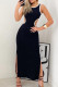 Black Elegant Hollow Out Patchwork High Slit Contrast O Neck Long Dresses