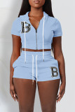 Pink Casual Street Letters Draw String Zipper Embroidery Hooded Short Sleeve Two Pieces