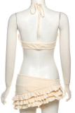 Apricot Sexy Solid Color Patchwork Halter Sleeveless Three Pieces