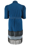Deep Blue Street Solid Color Fringed Trim Pocket Buckle Patchwork Turndown Collar Long Plus Size Dresses