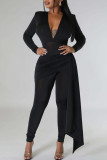 Black Casual Solid Color Patchwork Ruched V Neck Skinny Jumpsuits