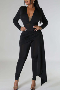 Black Casual Solid Color Patchwork Ruched V Neck Skinny Jumpsuits