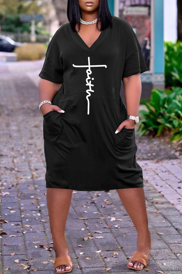Black Casual Letter Print Pocket V Neck Short Sleeve Short Sleeve Dress