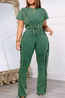 Green Casual Solid Color Fringed Trim Patchwork O Neck Short Sleeve Two Pieces